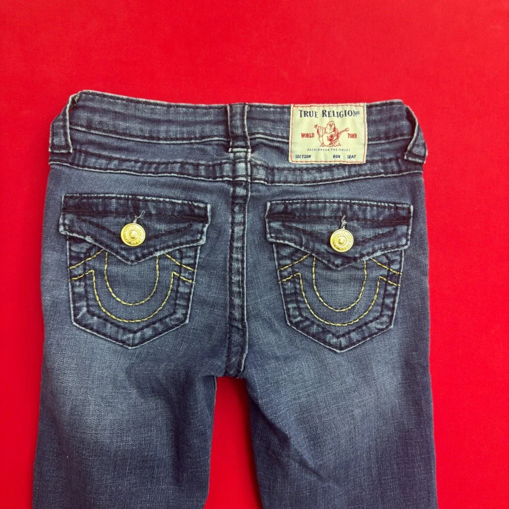 True Religion Mens Skinny Jeans Dark Wash Yellow Stitch Flap Pocket Size 25